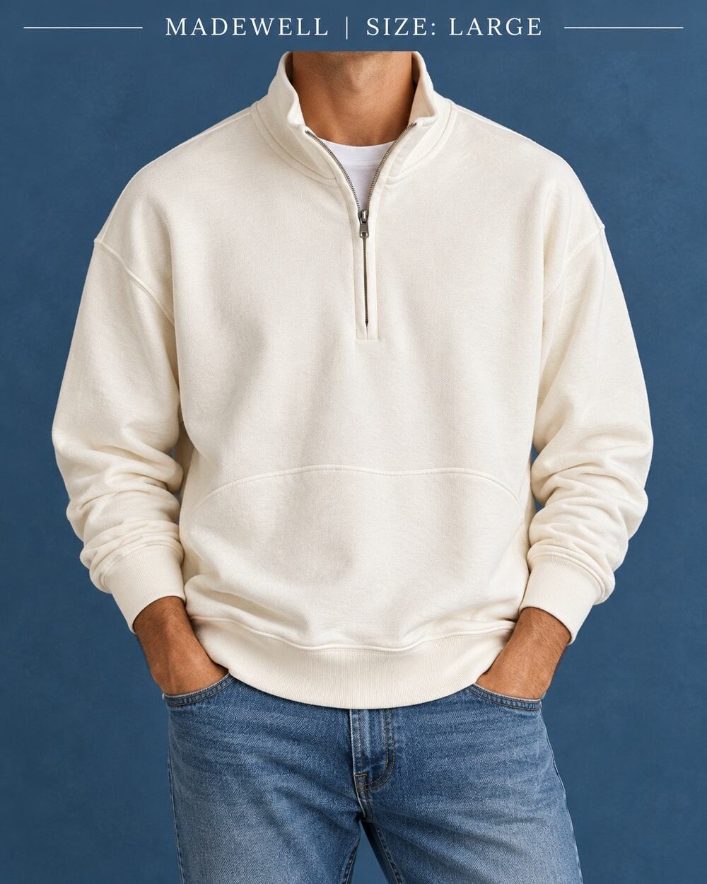Madewell Mens Half Zip Sweatshirt Ivory Cream Funnel Neck Pullover NWT $98